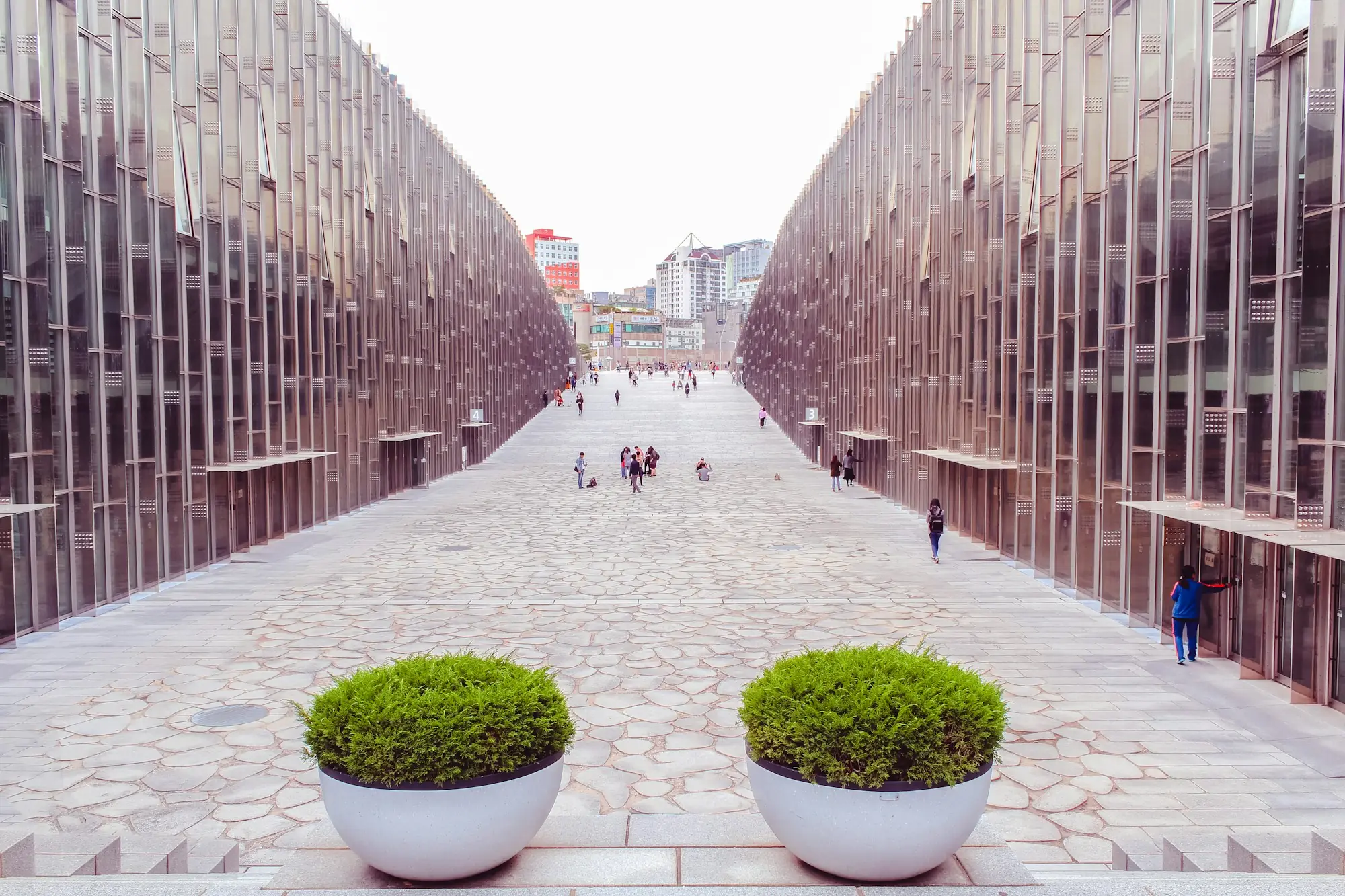 Students walking through a modern university campus